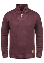 SDPetro Herren Strickpullover Troyer Grobstrick Pullover mit Troyerkragen Rippbündchen Label-Details Baumwollmischung Regular fit, Größe:M, Farbe:Wine Red Melange (8985)