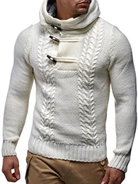 Herren Pullover mit Kapuze Slim Fit Longseleeve Schwarzer Männer Strickpullover - Sweatshirt - Winterpullover Kapuzenpullover - Hoodie Pulli Langarm LN20231N Weiss/Beige Medium