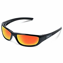 Tr8116 polarisierte Sport-Sonnenbrilel für Damen und Herren, für Ski, Baseball, Golf, Radfahren, Angeln, Laufen, mit superleichtem Rahmen Gr. Medium, black frame with red mirror lens