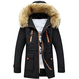 Newbestyle Winter Baumwolle Herren Wintermantel mit Pelzfragen Kapuzenjacke Outdoorjacke Winterjacke Warm Mantel Schwarz Small