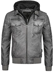 Indicode Herren Aaron Lederjacke mit Abnehmbarer Kapuze Dk Grey