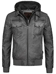 Indicode Herren Aaron Lederjacke mit Abnehmbarer Kapuze Dk Grey