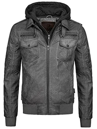 Herren Aaron Lederjacke mit Abnehmbarer Kapuze Kunstlederjacke Übergangsjacke Dk Grey L