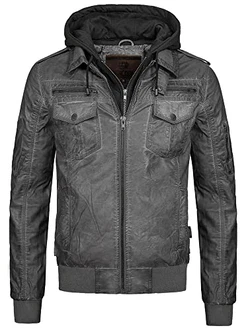 Indicode Herren Aaron Lederjacke mit Abnehmbarer Kapuze Dk Grey