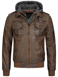 Indicode Herren Aaron Lederjacke mit Abnehmbarer Kapuze DK Brown
