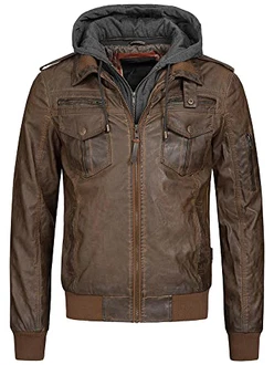 Indicode Herren Aaron Lederjacke mit Abnehmbarer Kapuze DK Brown