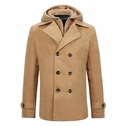 Wintermantel Herren Zweireiher Kurzmantel Slim Fit Mantel Wolle mit Kapuze Schwarz Cabanjacke Business Wollmantel