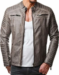 Herren Jacke Übergangsjacke Biker Kunstleder Echtleder Baumwolle mit gesteppten Bereichen (M, Grau - Kunstleder)