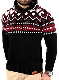 Herren Grobstrick Pullover Norweger Winter Kapuzenpullover RS-3013 (XL, Schwarz-Rot)