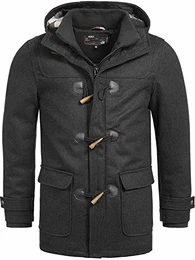 Indicode Herren Ervin Dufflecoat aus hochwertiger Wollmischung mit Stehkragen & Kapuze kurzer gefütterter Wintermantel Lange Jacke Wollmantel Herrenmantel Mantel für Männer Black L