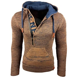 Herren Pullover Strick Kapuze Kapuzenpullover Verschluss Bauchtasche A1-RN13277, Größe:L, Farbe:Camel