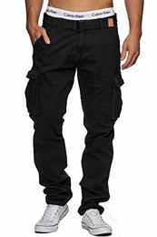 Herren William Cargohose aus Baumwolle m. 7 Taschen inkl. Gürtel Lange Regular Fit Cargo Hose Baumwollhose Freizeithose Wanderhose Trekkinghose Outdoorhose für Männer New Black M