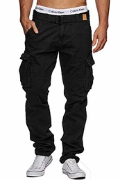 Indicode Herren William Cargohose aus Baumwolle m. 7 Taschen inkl. Gürtel Lange Regular Fit Cargo Hose Baumwollhose Freizeithose Wanderhose Trekkinghose Outdoorhose für Männer Black M