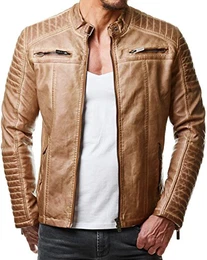Herren Jacke Übergangsjacke Biker Kunstleder Echtleder Baumwolle mit gesteppten Bereichen Kunstleder, Camel M