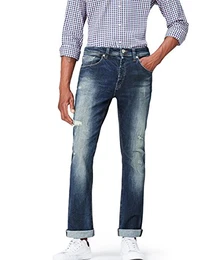 Amazon-Marke: find. Straight Cut Jeans Herren gerades Bein Kontrastnähten, Blau (Rime Wash), 32W / 32L, Label: 32W / 32L