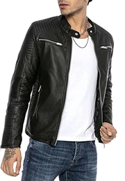 Herren Lederjacke Kunstleder Bikerjacke Übergangsjacke Brooklyn Slim Fit Schwarz M