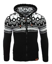 Herren Grobstrick Norweger Pullover Winter Strickjacke Kapuzenpullover RS-3104 (XL, Schwarz-Weiß)