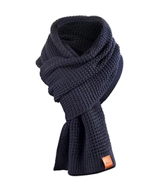 Rough Scarf - Schal, Strickschal, Langschal mit Echt-Leder Veredelung (/M13) (Navy)