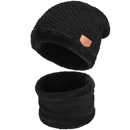 Vbiger Wintermütze Strickmütze Warme Beanie Winter Mütze und Schal mit Fleecefutter für Damen und Herren,Schwarz,Einheitsgröße
