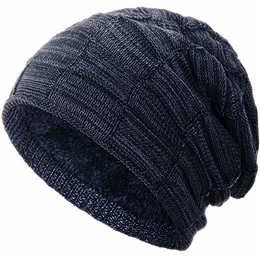 warm gefütterte Beanie Wintermütze Flechtmuster unifarben oder meliert Einheitsgröße Mütze, Farbe:Marineblau meliert