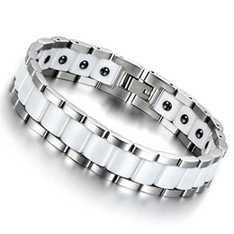 Cupimatch Herren Magnet Edelstahl Keramik Armband, 13mm breite Rechteck Link Handgelenk Magnetarmband Armreif, Weiss Silber