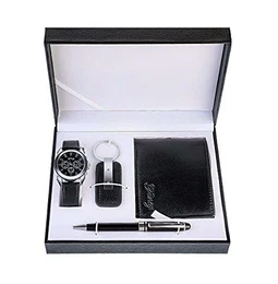 Souarts Herren Geschenkset mit Armbanduhr Männer Geldbörse Gürtel Sonnenbrillen Auto Schlüsselanhänger Geschenk Set für Herren (Schwarz#)