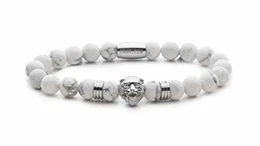 Obelizk Perlen-Armband für Männer Löwen-Armband aus Natursteinperlen Lion-Armband Geschenk Schmuck-Box + Luxury Herren Accessoires Guide Löwenkopf in Silber (White Jasper)