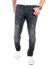Jeans Herren Destroyed Look Slim Fit Denim Strech Jeans-Hose RS-2062 Schwarz W32 / L32