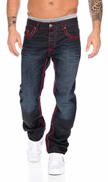 Herren Designer Denim Jeans Hose Dicke zier nähte NEU RC-2092, 40W / 34L, Schwarz