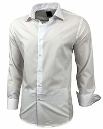 Herren-Hemd Slim-Fit Bügelleicht Für Anzug, Business, Hochzeit, Freizeit - Langarm Hemden für Männer Langarmhemd R-44, Farbe:Weiß, Größe:M