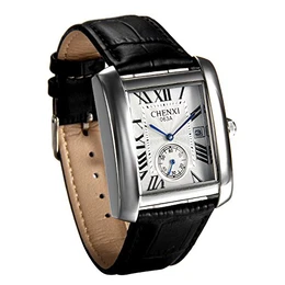 Herren Armbanduhr, Retro Kalender Analog Quarz Uhr mit Rechteckig Römischen Ziffern Zifferblatt und Leder Armband, Farbe: Schwarz