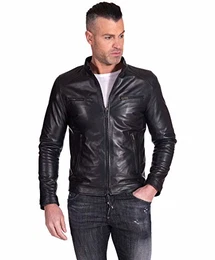 Lederjacke Herren Echtleder schwarz Italienisch Biker Leder Lammleder Jacke Motorrad Hamilton schwarz/50