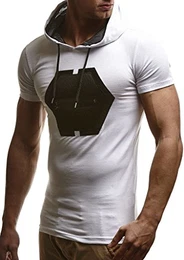Herren Sommer T-Shirt mit Kapuze Slim Fit Basic Baumwolle-Anteil Moderner Männer T-Shirt Vintage Hoodie-Sweatshirt-Pulli Kurzarm lang LN775 Weiss Medium