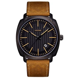 Herren-Armbanduhr - VOEONS - Analog Quarz Braun Leder Casual Herren-Uhren mit elegantem und zeitlosem Design LA6021