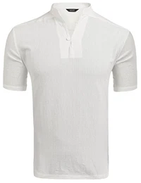 Leinenhemd einfarbig Herren Kurzarm Poloshirt mit Stehkragen cooles T-Shirt Sommer Strand Party Club casual Shirts(Weiß,M)