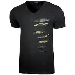Herren Used Look Rundhals T-Shirt Kurzarm Hemd Slim Fit Design Fashion 15045, Farbe:15053 Schwarz, Größe:M