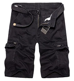 BULUOMU Herren Cargo Shorts aus Baumwolle Vintage Arbeitsshorts Kurze Freizeithose Outdoor Bermuda Männer Sommerhose mit Gürtel-Schwarz