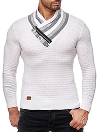 Herren Winter Pullover Feinstrick Stehkragen Sweatshirt (M, Weiß)