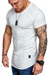 Oversize Herren Vintage T-Shirt Verwaschen Crew Neck Rundhals Basic Shirt 6005 Weiß M