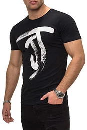 Herren T-Shirt Kurzarmshirt Top Print Shirt Casual Basic O-Neck (M, Black)