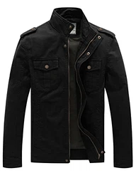 WenVen Herren Militär Jacke Klassisch Fracht Jacke Stehkragen Übergangsjacke Leicht Outdoor Jacke Mantel Cargo Stiel Oberbekleidung Schwarz