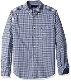 Herren Classic Fit Stretch Gingham Long Sleeve Shirt Button Down Hemd, J Navy, Groß