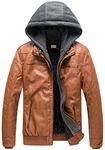 Wantdo Herren Winddichte Leder Motorradjacke Retro PU Jacke mit Kapuze Hellbraun