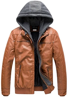 Wantdo Herren Winddichte Leder Motorradjacke Retro PU Jacke mit Kapuze Hellbraun Wantdo Herren Winddichte Leder Motorradjacke Retro PU Jacke mit Kapuze Hellbraun