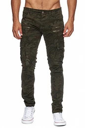Herren Biker Jeans Hose Cargo Taschen Stretch-Denim Slim Fit, Größe:W34 / L32, Farbe:Camouflage Dark
