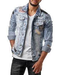 Herren Denim Jeans Jacke Biker Destroyed Distressed Patches Slim Fit Blau M6043, Größe:XL, Farbe:Blau