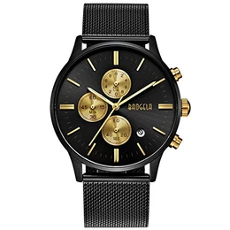 Herren Uhren Schwarz Edelstahl Mesh Armband Elegant - Analog Quarz Uhr - Gold Zifferblatt - Chronograph Wasserdicht Datum - BAOGELA Marken