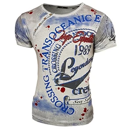 Herren Used Look Rundhals T-Shirt Kurzarm Hemd Slim Fit Design Fashion 15045, Farbe:Hellblau, Größe:M