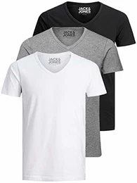 Jack and Jones Herren T-Shirt Basic V-Ausschnitt 3er Pack Einfarbig Slim Fit in Weiß Schwarz Blau Grau