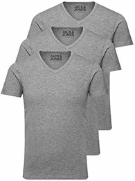 Jack and Jones Herren T-Shirt Basic V-Ausschnitt 3er Pack Einfarbig Slim Fit in Weiß Schwarz Blau Grau (Grau, M)